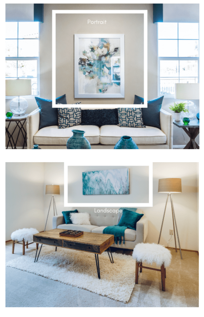 An infographic explaining the difference between portrait and landscape, and explaining how both suit different wall spaces. A lesson in proportion, the graphic shows two sofas, one with a wide aspect above it and one with a narrow, to demonstrate that a landscape orientation suits a broader space and a portrait orientation suits a narrower one, designed to answer the question "should I hang art work with a landscape or portrait orientation in my space"