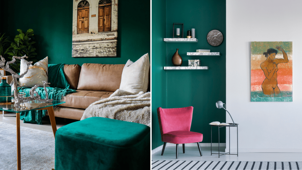 A collage of two sitting rooms with emerald green walls: On the left hand side is an old leather sofa with an art photo of two doors hung above it. On the right is a minimalist room with a painting by Louisa Currier called "Suzannah at sunset", showing a dark skinned woman bathing against a colourful sky. The images are from a blog post about how to hang art in your sitting room