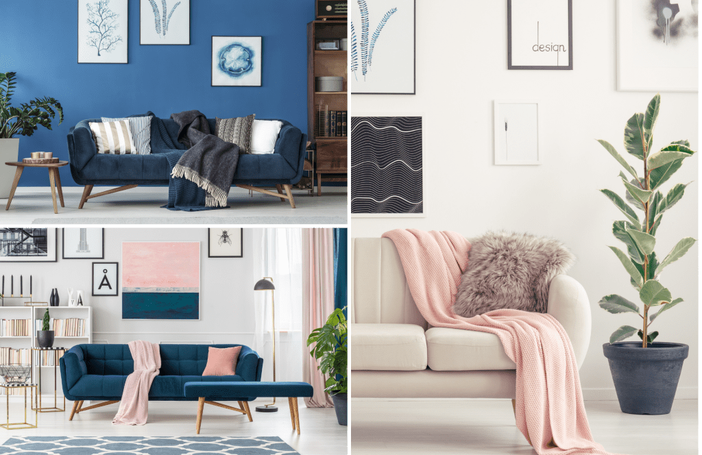 A collage showing three different sitting rooms with art above the sofa to demonstrate the required distance to hang art and leave headroom. The first sitting room has deep blue walls, a pale floor and a blue suede sofa: 3 watercolours of sea corals in blues hang at varied heights on the wall behind the sofa. The second image shows a white sitting room with a deep blue, mid century style sofa; above the sofa is a large pink and teal painting and some small monochrome drawings in black frames. The third photo shows a cream sofa against a cream wall, on which are hung several simple, monochrome artworks of different sizes, hung at different heights. A plant stands to one side beneath a grey drawing of a flower. The pictures show how to hang art work in your sitting room.