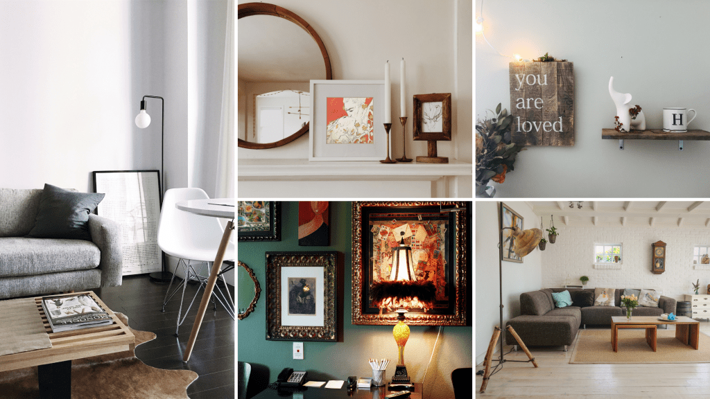 A collage of images showing different ways to light art in the sitting room. From far left: A white and grey room is shown, with an art work standing on the floor propped against the wall with a standard lamp above it. Top centre: A simple mantlepiece display in white on white, demonstrating how to light artworks with candles - the depicted artwork is by Louisa Currier . Bottom centre: a green wall is hung with gilt frames, lit from below by a table lamp with a feathered fringe. Top right: a simple print saying : you are loved" is lit with fairy lights. Bottom right: A white clapper board living room has a brass, industrial style cinema lamp pointed at an artwork on the wall.